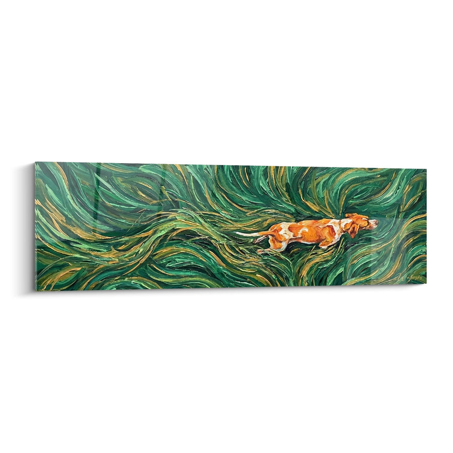 Schilderij Oranje en Witte Hond Rent in Groene Draaikolk - Perpetuele Beweging - Pointer Engelse Editie