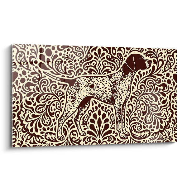 Cuadro de Perro Manchado sobre Fondo Ornamental Borgoña - Elegancia Decorativa - Edición Pointer Inglés