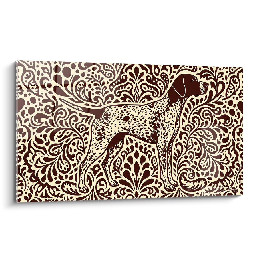 Schilderij Hond met Vlekken op Bordeaux Ornamentale Achtergrond - Decoratieve Elegantie - Pointer Engelse Editie
