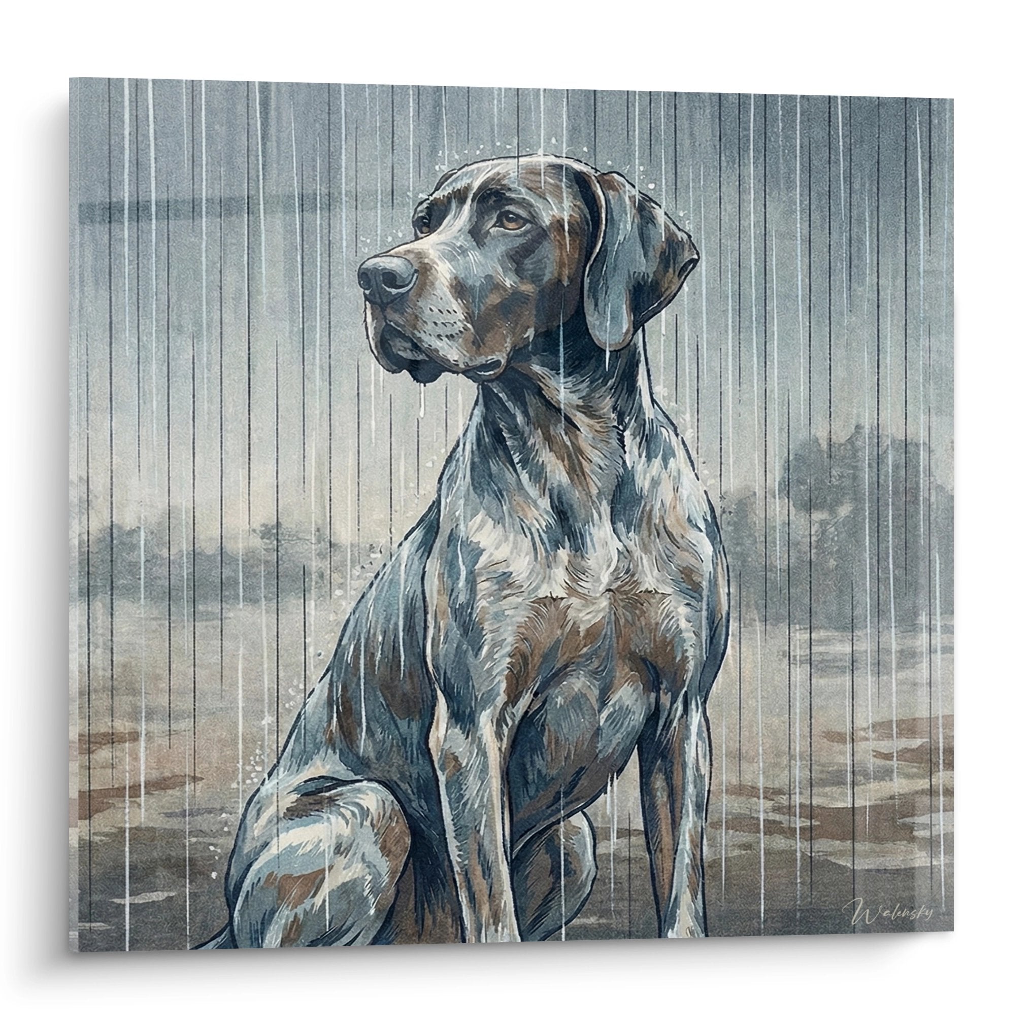 Quadro pointer inglese seduto sotto la pioggia toni grigio marrone contemplazione artistica