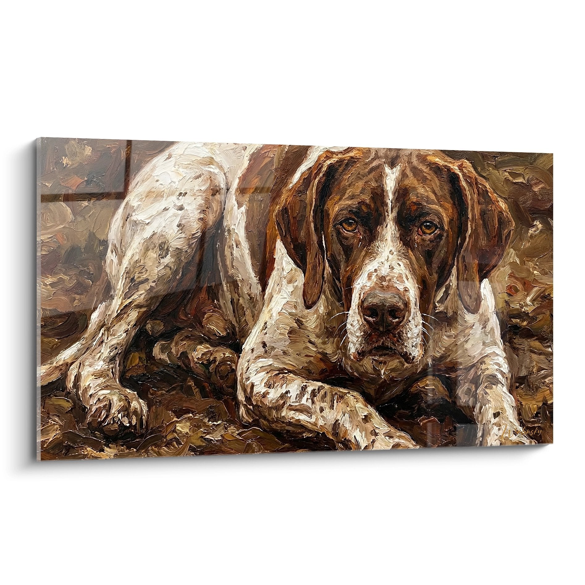 Quadro ritratto Pointer Inglese disteso tonalità marroni ocra stile pittura a olio sguardo espressivo