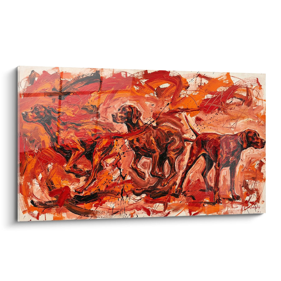 Tableau Chiens en Mouvement Palette Rouge Orangée - Énergie Pure - Edition Pointer Anglais