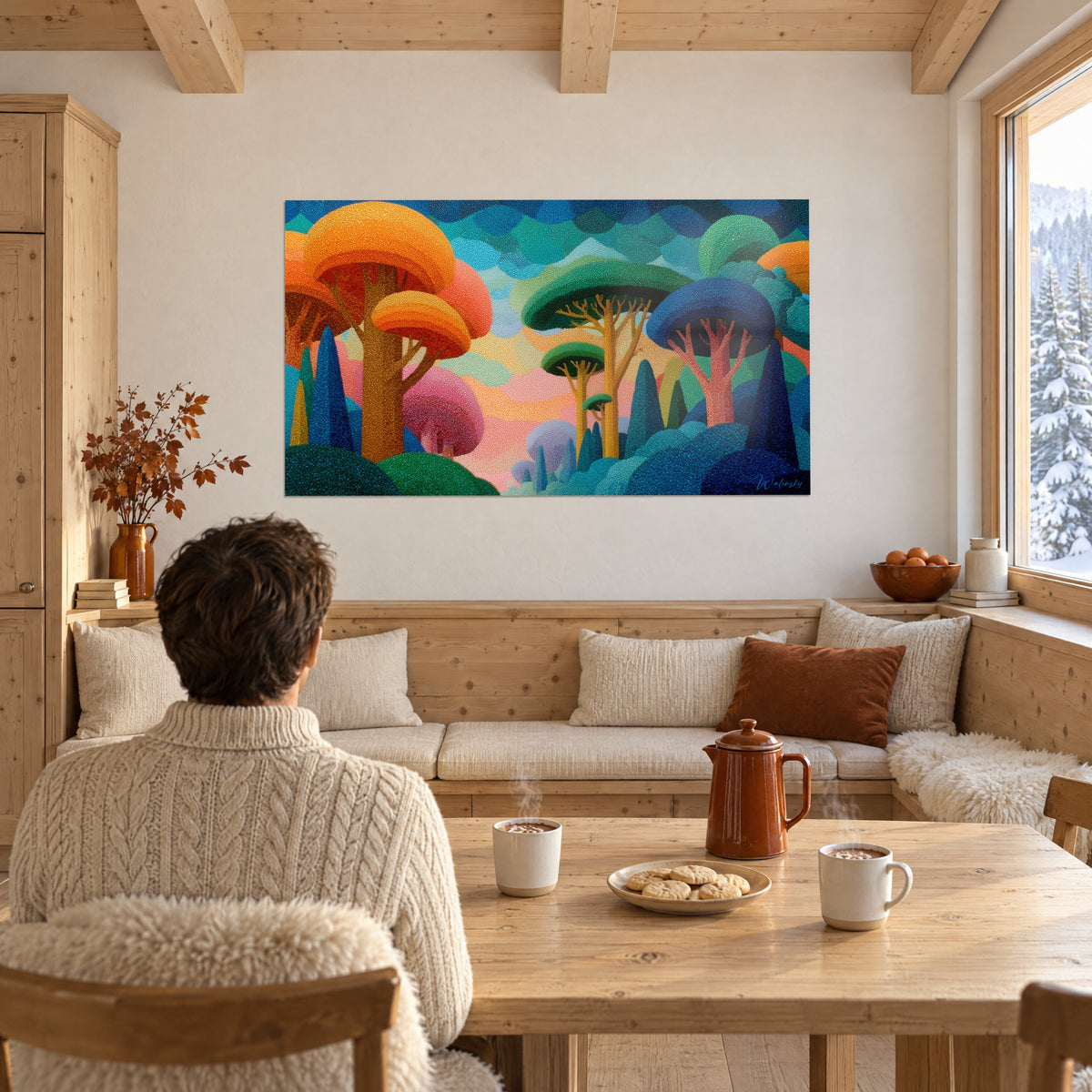 Cuadro paisaje onírico de grandes árboles coral, amarillo mostaza y azul real, en un chalet de madera junto a la mesa