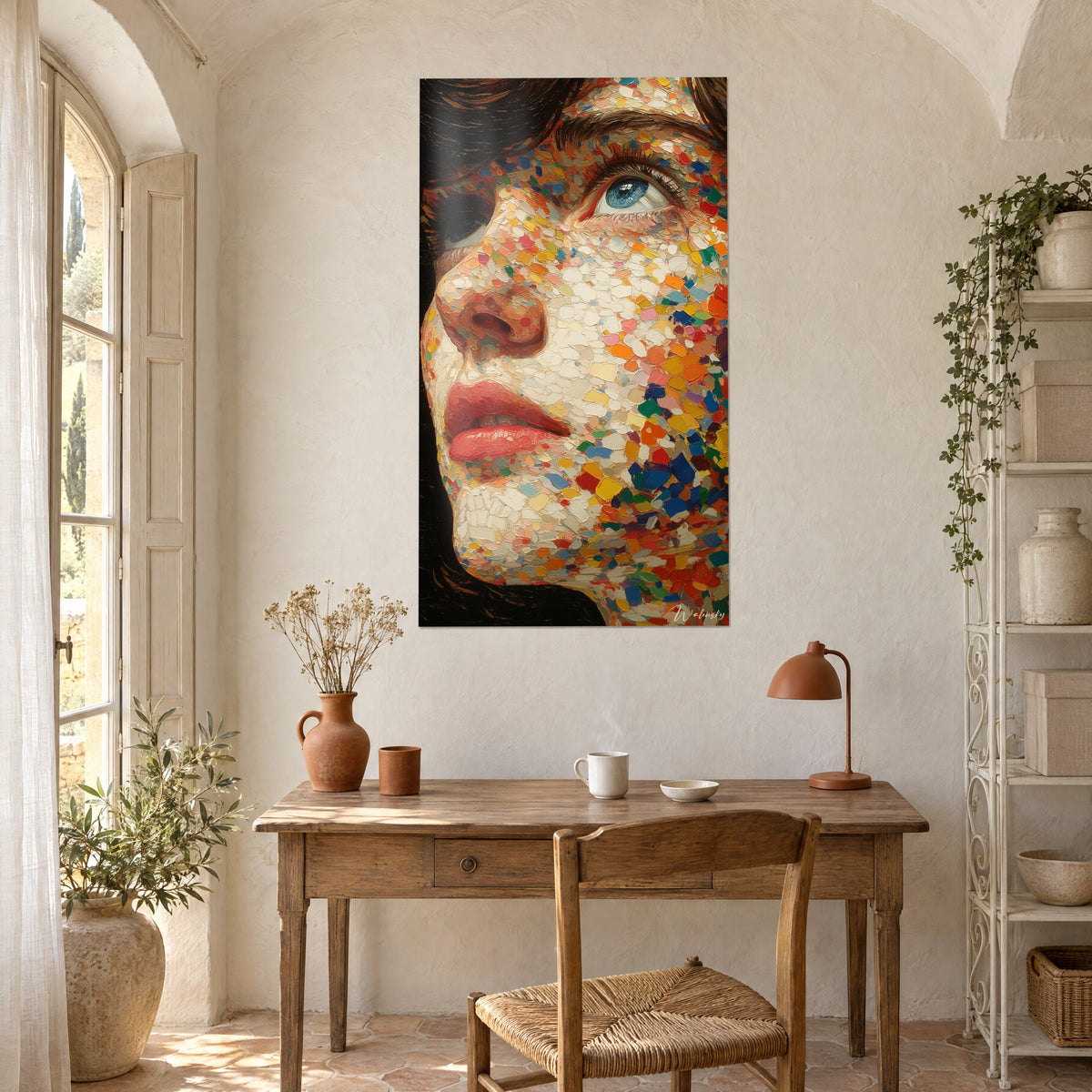 Wall art muse in thick impasto, ochre nose, turquoise eye and brown hair, multicolored splashes, facing a wooden desk
