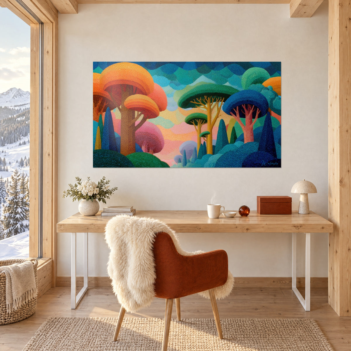 Cuadro jungla estilizada de toques de pintura rosa, esmeralda y naranja, frente a un escritorio de madera clara cerca de una ventana