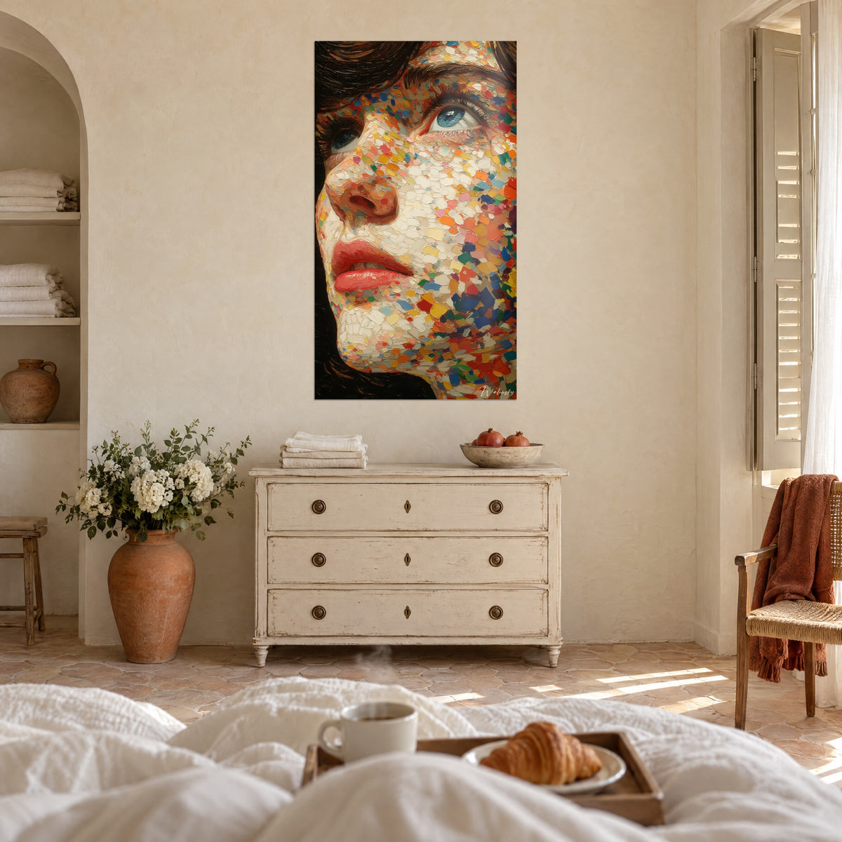 Wall art young woman with an upturned blue gaze, cheek of colorful yellow and blue flecks, above a bed in a light bedroom