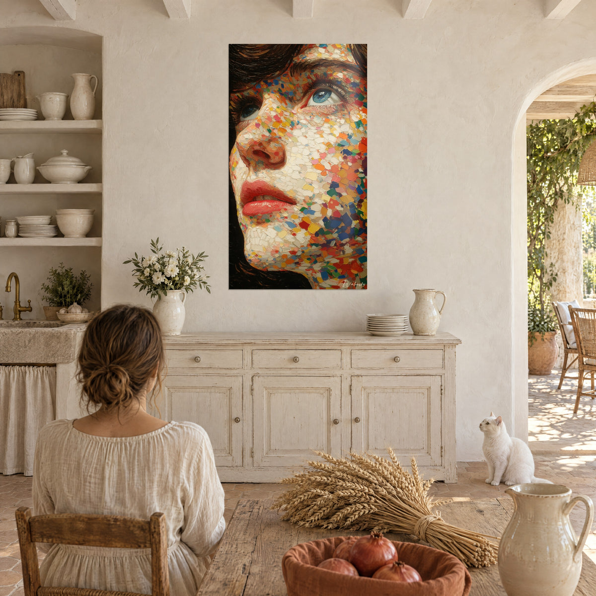 Wall art mosaic face with coral red lips and brown locks, ivory and orange touches, Provençal room, white cat