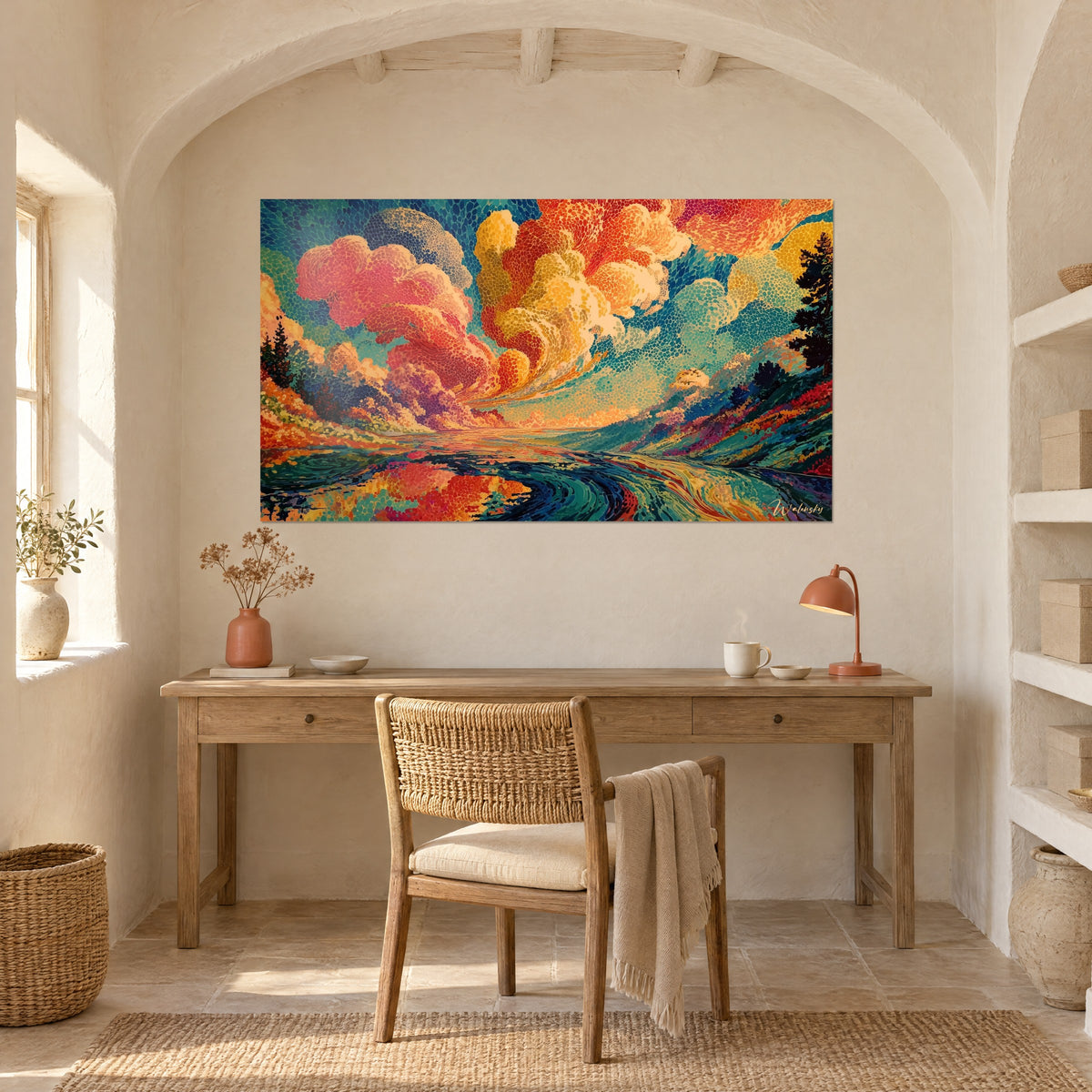 Cuadro de montañas puntillistas azul pato y rosa, cielo flamígero naranja y azafrán, escritorio de madera clara, pared blanca de una casa mediterránea