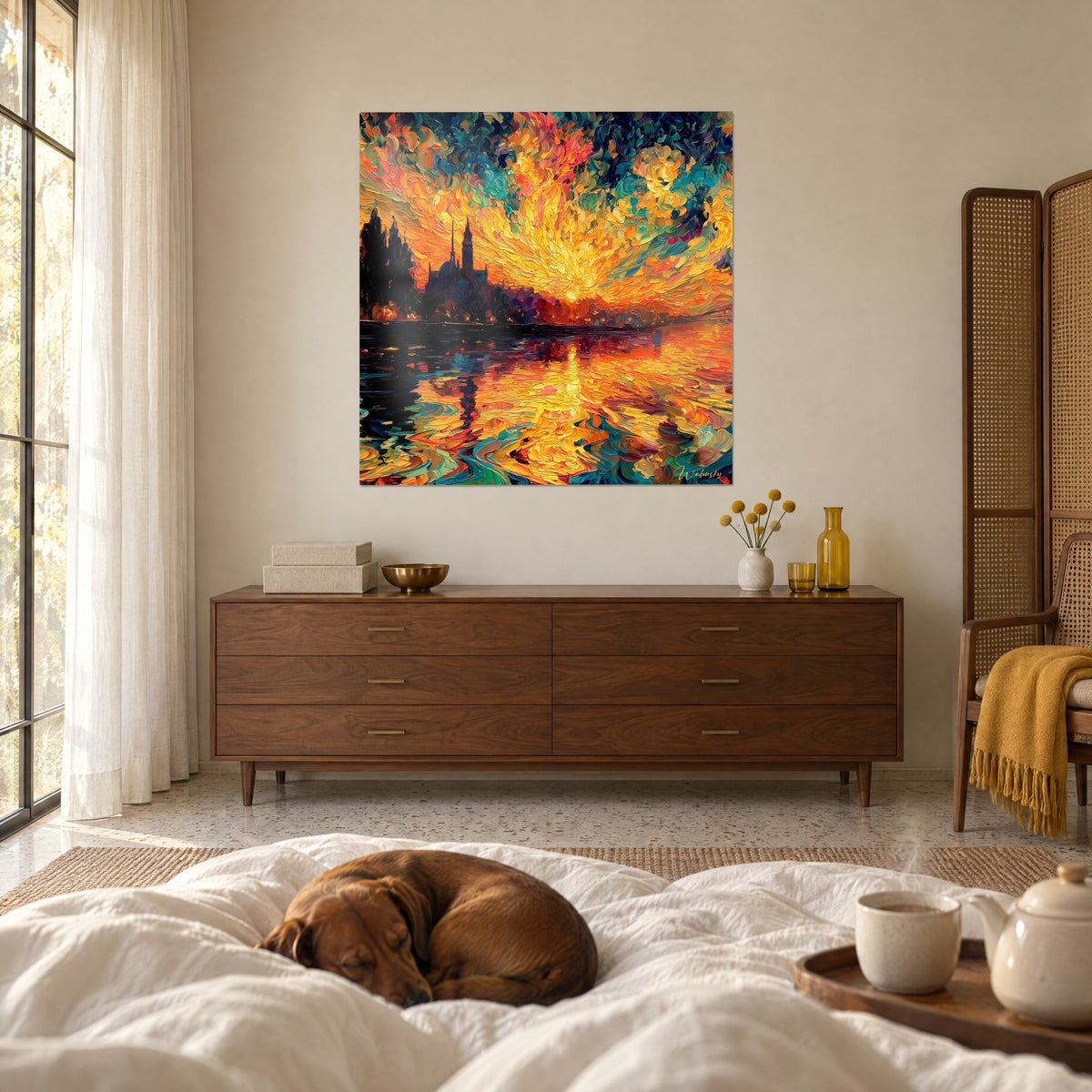 Cuadro destello solar amarillo y coral sobre agua oscura, orillas de árboles azul noche, encima de una cama en un dormitorio claro