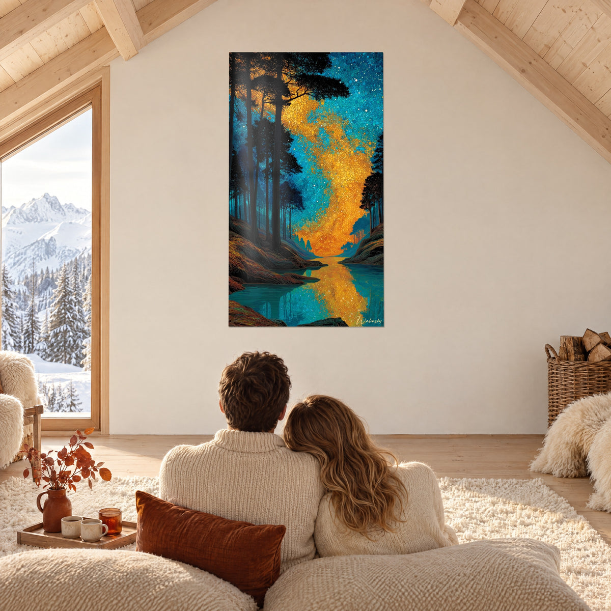 Schilderij gloeiende sterrenhemel boven een beekje, oker en eendenblauw, koppel van achteren op een bank met uitzicht op besneeuwde bergen