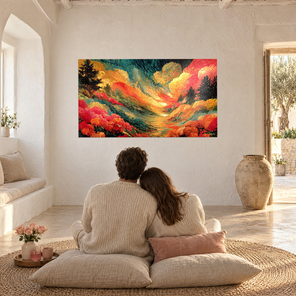 Cuadro panorámico en puntos rojo cereza y oro, cielo verde abeto arremolinado, frente a una pareja de espaldas sobre cojines