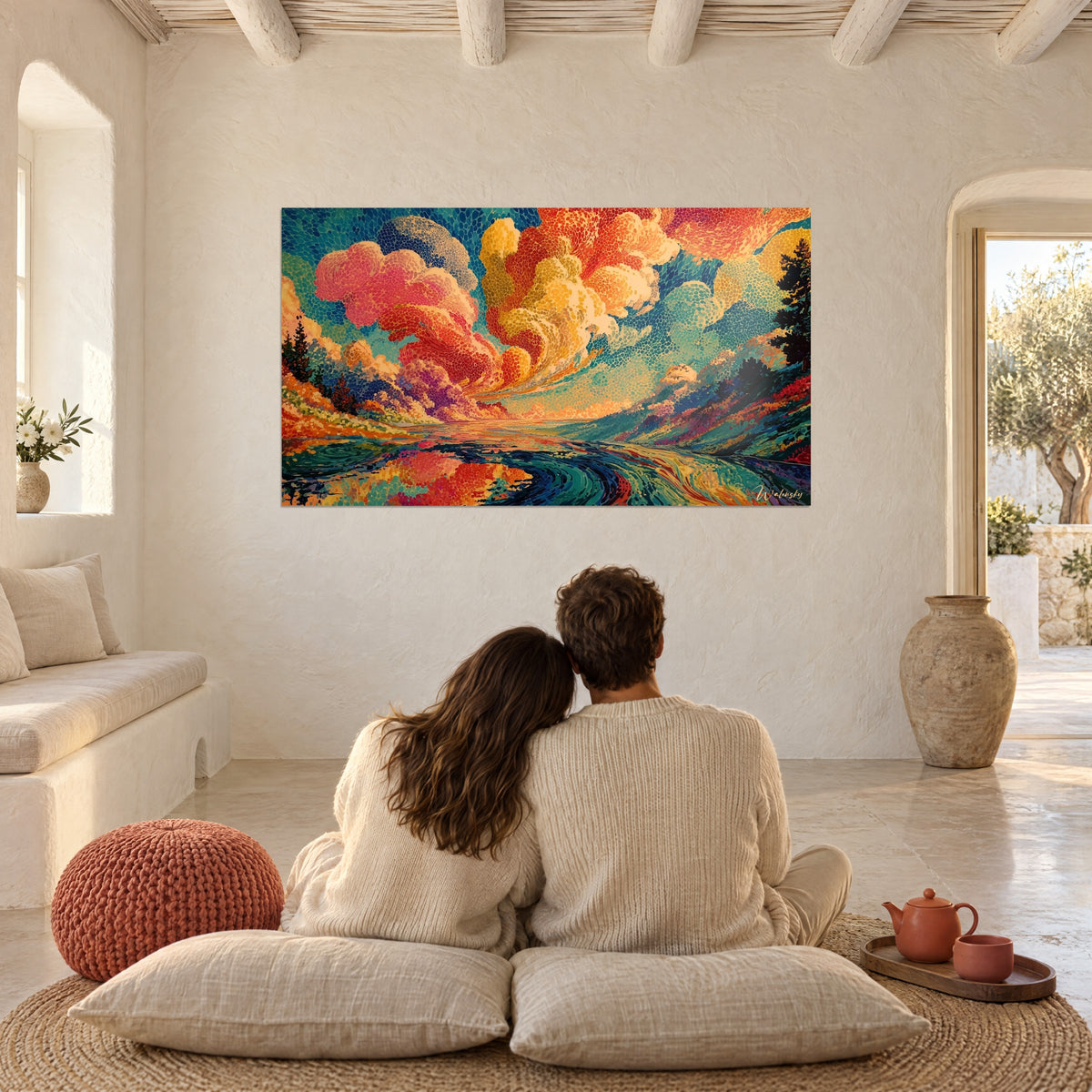 Cuadro de lago espejo con reflejos rojos y ámbar, colinas turquesa en toques de color, pareja abrazada de espaldas sobre cojines, salón blanco