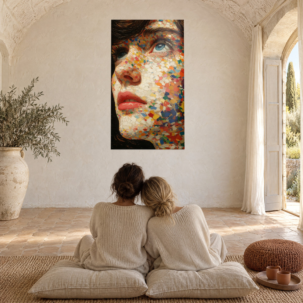 Wall art profile in cream, orange and cobalt blue pointillist touches, clear gaze, white wall of a Provençal farmhouse