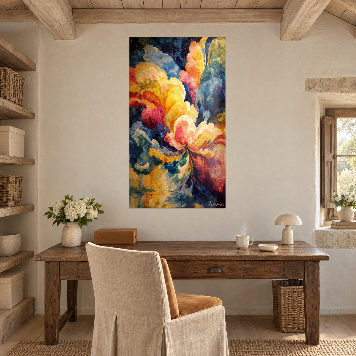 Gemälde voll erblühte Blüte in kleinen karminroten und zitronengelben Tupfen, an der Wand eines Büros aus altem Holz gehängt