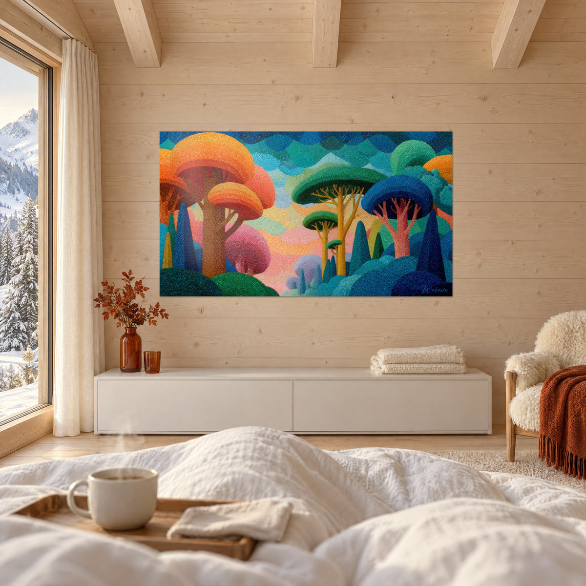 Cuadro arboleda fantasiosa con copas naranjas y verdes, cielo pastel, colgado encima de una cama en un dormitorio luminoso