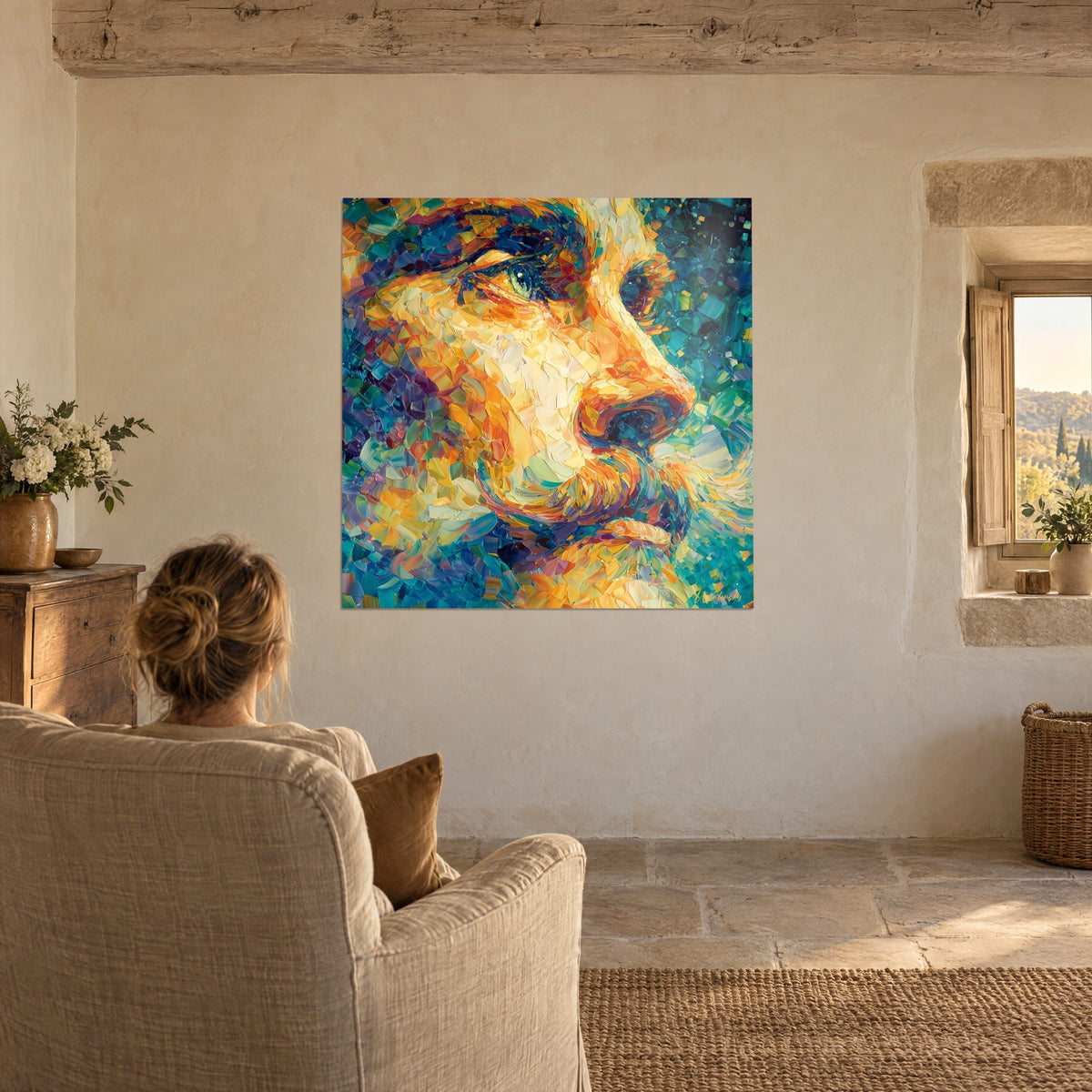 Cuadro figura masculina en puntillismo, luz amarillo dorado en la frente y fondo azul verdoso, muro de piedra clara
