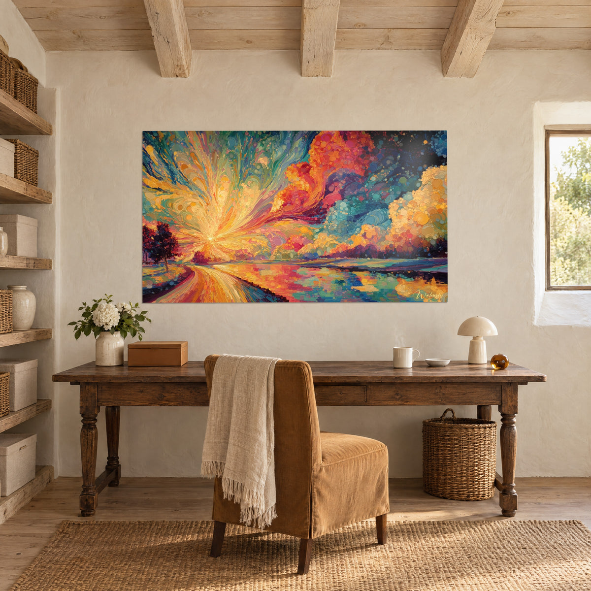 Πίνακας pointillisme αυγή, χρυσές δέσμες και ματζέντα και θαλασσοπράσινα σύννεφα, αντανακλαστική έκταση, κρεμασμένος πάνω από αντίκα ξύλινο γραφείο