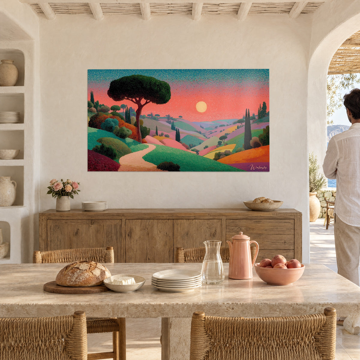 Wall art winding cream path crossing jade green and ochre fields, pale yellow sun, facing a couple in an arched room