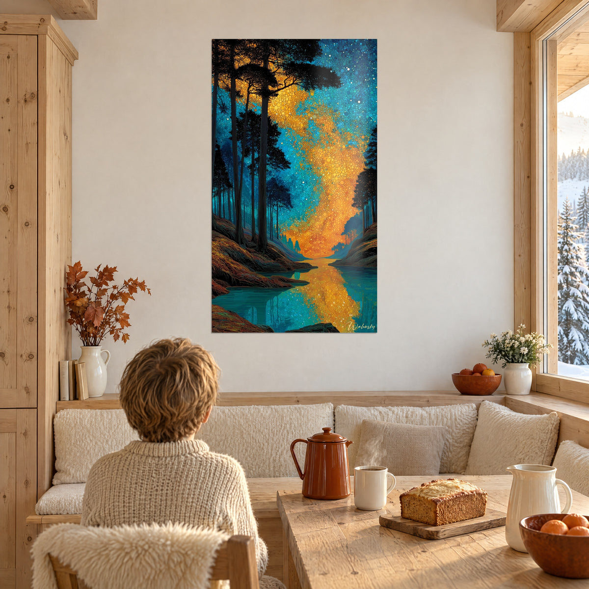 Schilderij hoge dennen in zwarte silhouet en oranje wolk bezaaid met blauwe stippen, kind van achteren voor de houten muur van een chalet