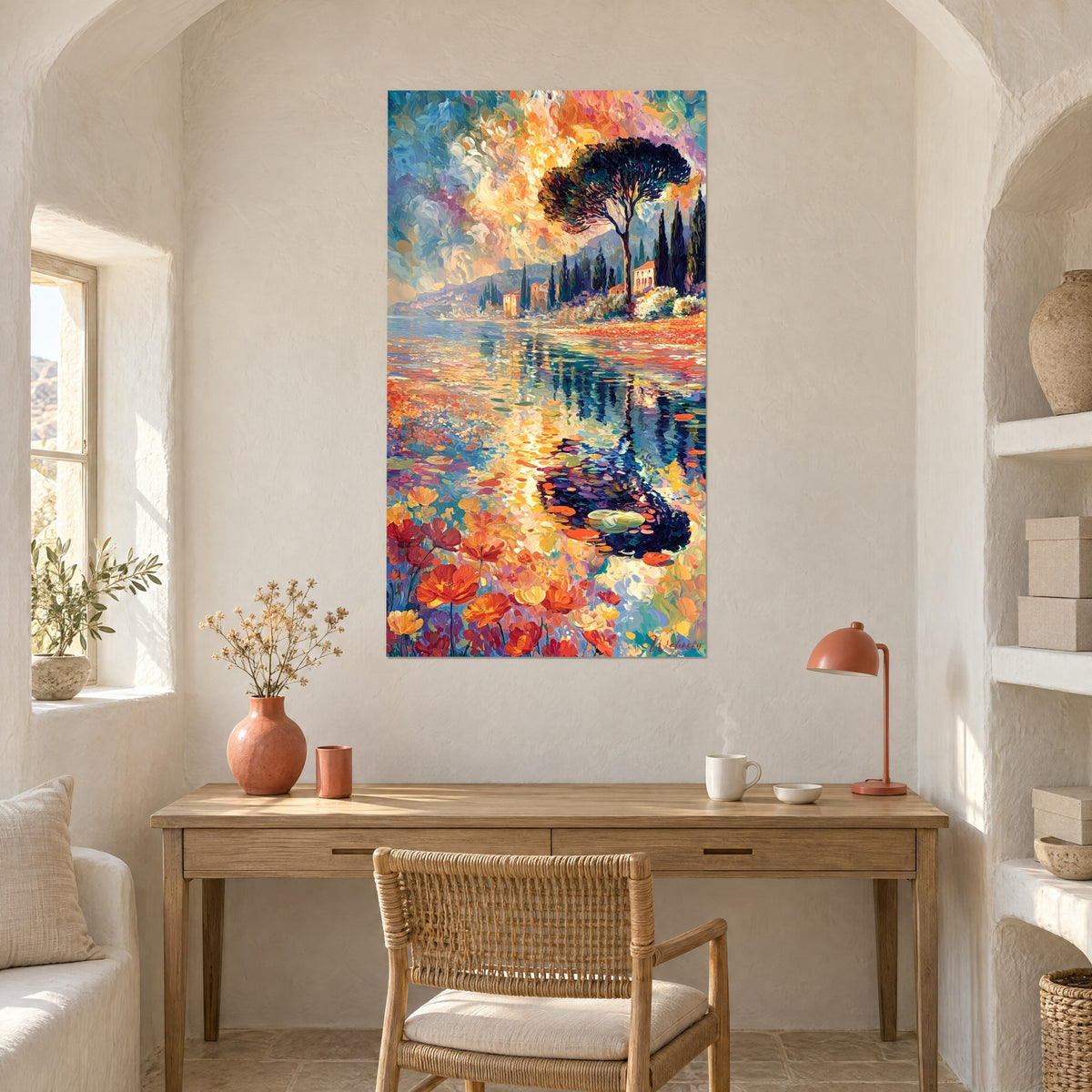 Πίνακας ανθισμένη ακτή με στίγματα pointillisme, ροζ και ambre ουρανός, τυρκουάζ νερό, πάνω από γραφείο από ανοιχτόχρωμο ξύλο