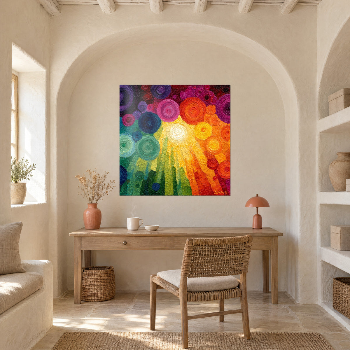 Tableau ronds de couleur vive magenta et vert pomme en relief, accroché dans l'arche d'un bureau en bois clair