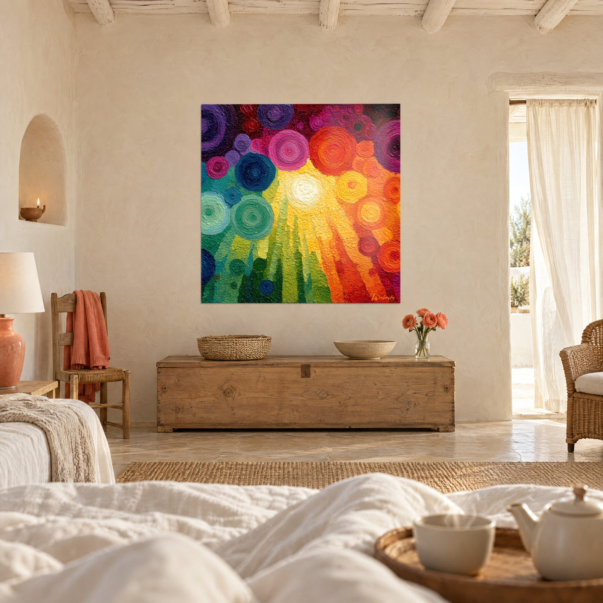 Tableau mosaïque de rosaces vert émeraude et orange ardent, soleil crème au centre, au-dessus d'un lit dans une chambre claire