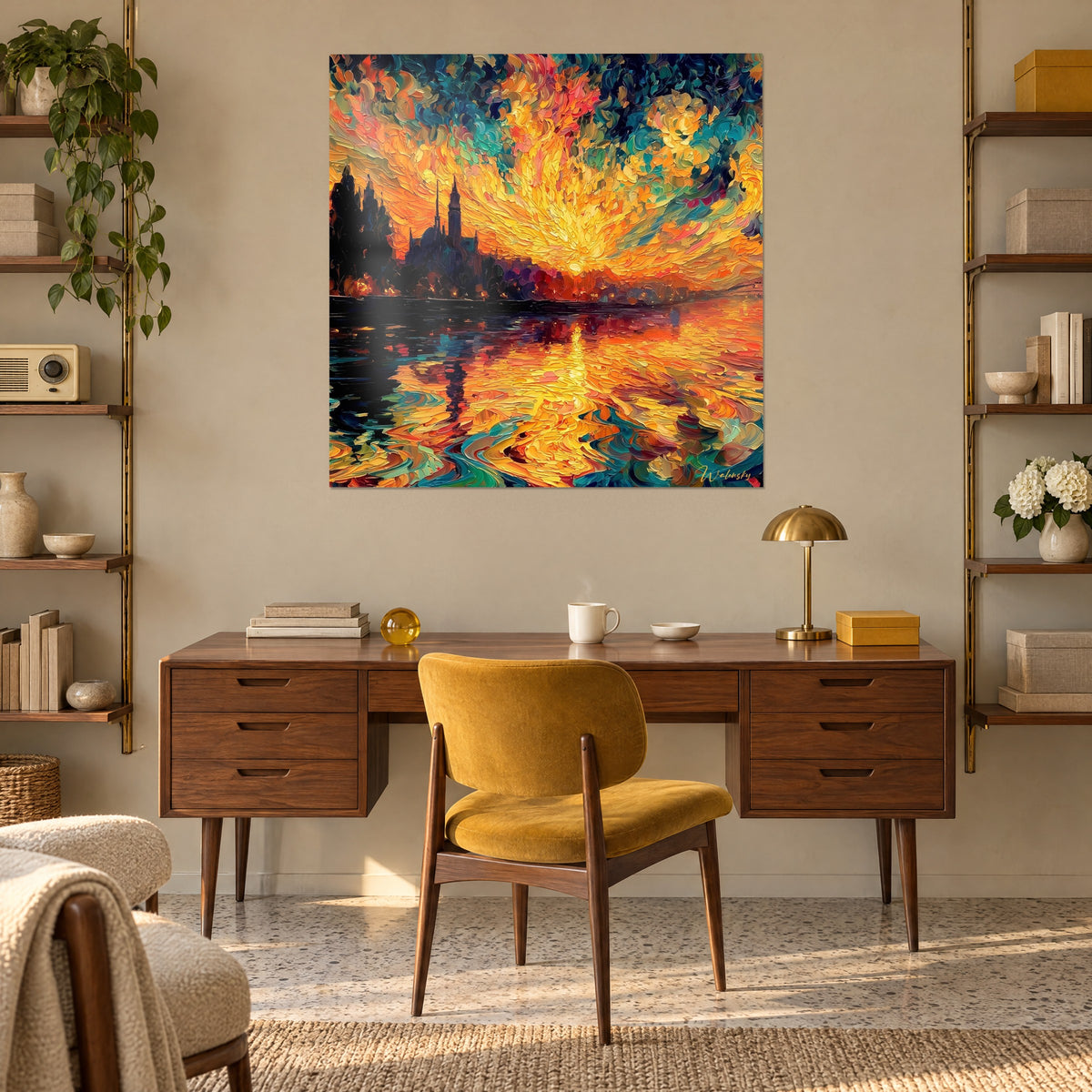 Cuadro paisaje de río incendiado, cielo de pétalos naranjas, rosas y verdes, reflejos danzantes, colgado detrás de un escritorio de madera