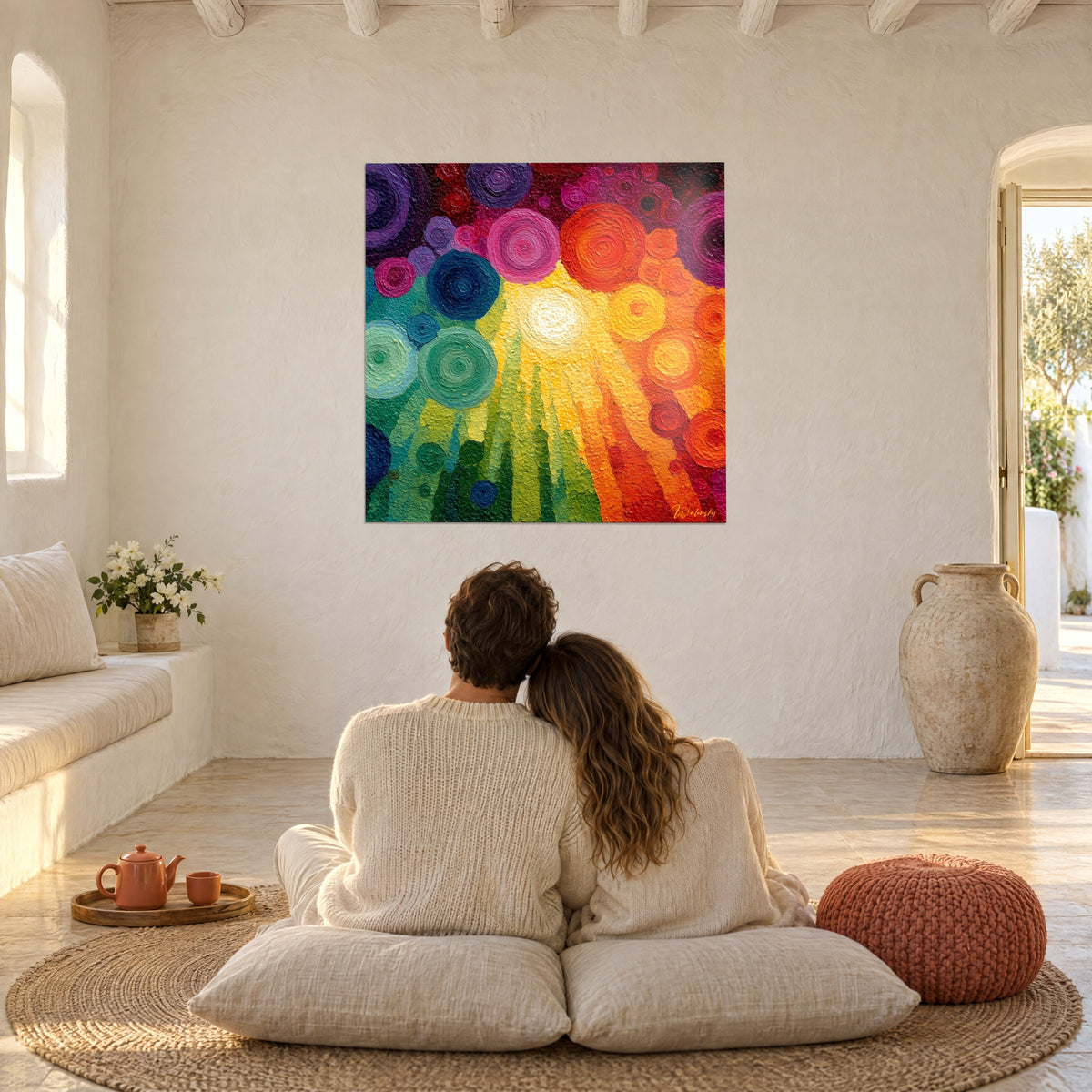 Tableau soleil de pastilles peintes jaune citron et pourpre, rayons orange vers le bas, couple enlacé de dos sur coussins