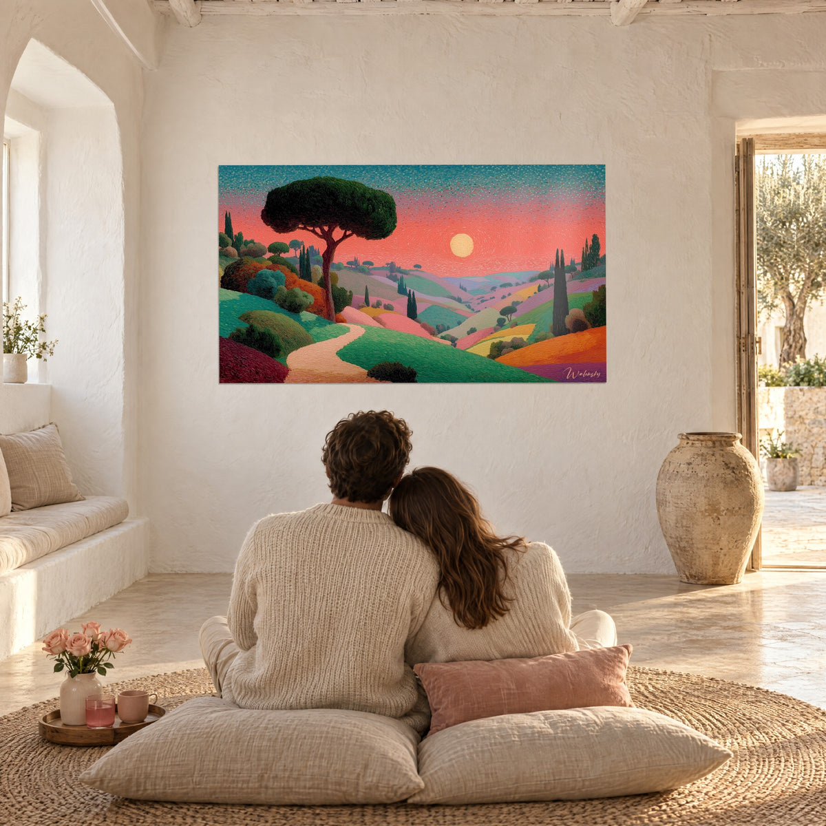 Wall art sunset over the Italian countryside, dark green pine and cypresses, pinkish orange sky, in front of a couple seated with their backs turned