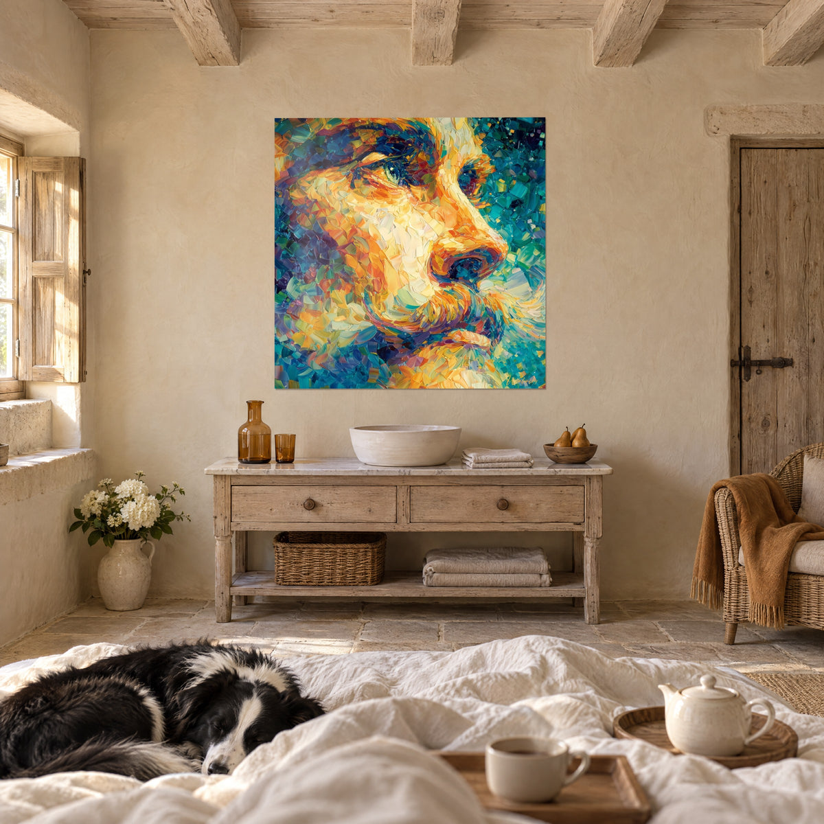 Cuadro rostro de hombre con barba ocre, mosaico de toques violetas y azules, sobre una cama en un dormitorio claro