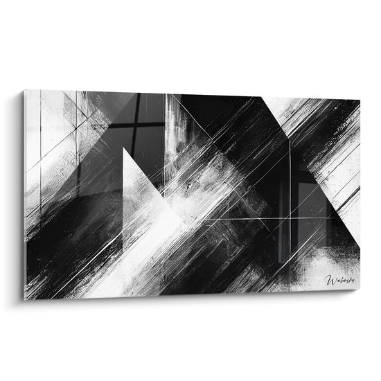 "Abstract artwork 'Convergence Points' in black and white. Dynamic geometry viewed from an angle, revealing interlaced triangular and rectangular shapes."