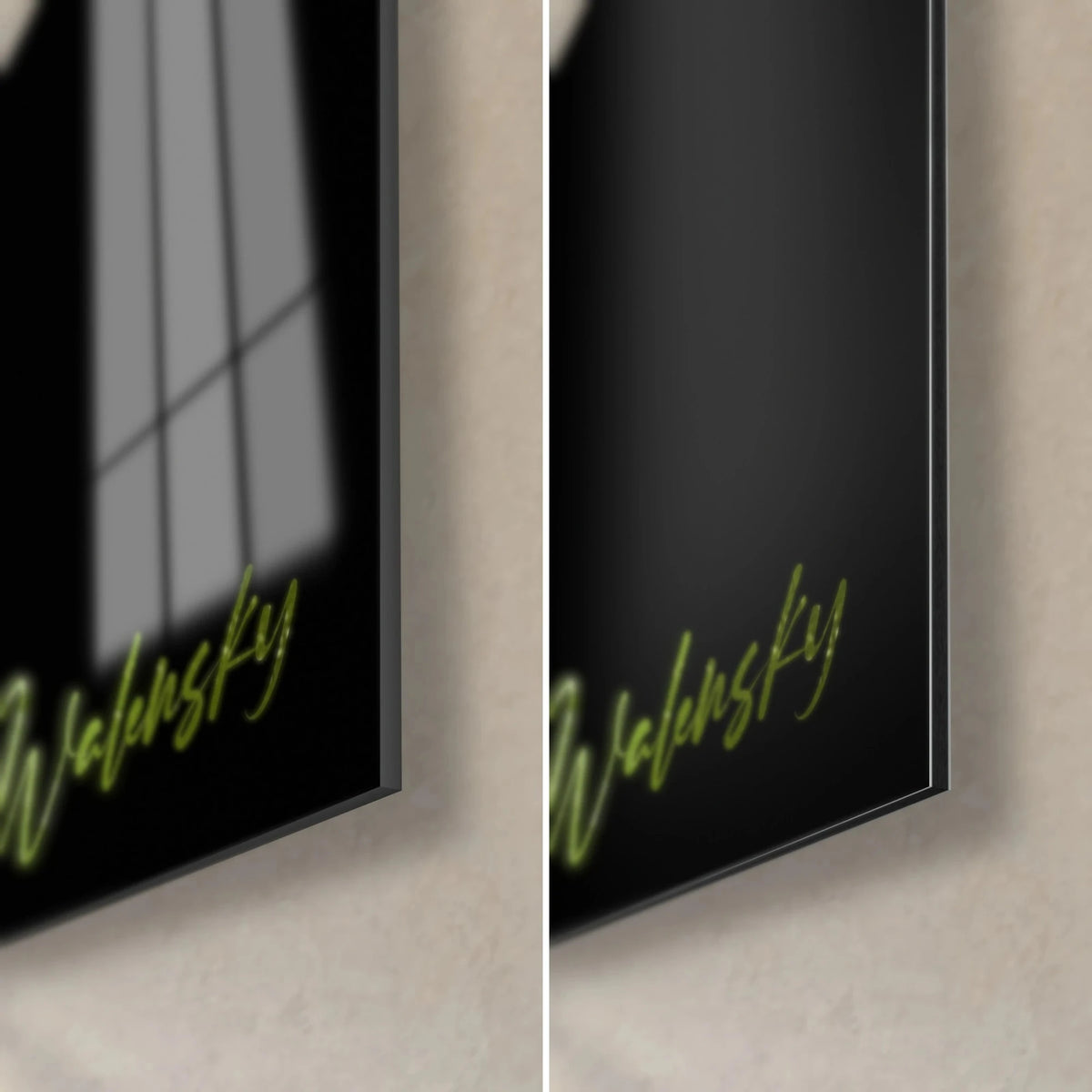 Quadro pera verde tenue su fondo nero, angolo in basso a destra: firma verde Walensky, vetro lucido a sinistra, alluminio Dibond opaco a destra, bordo da 3 mm