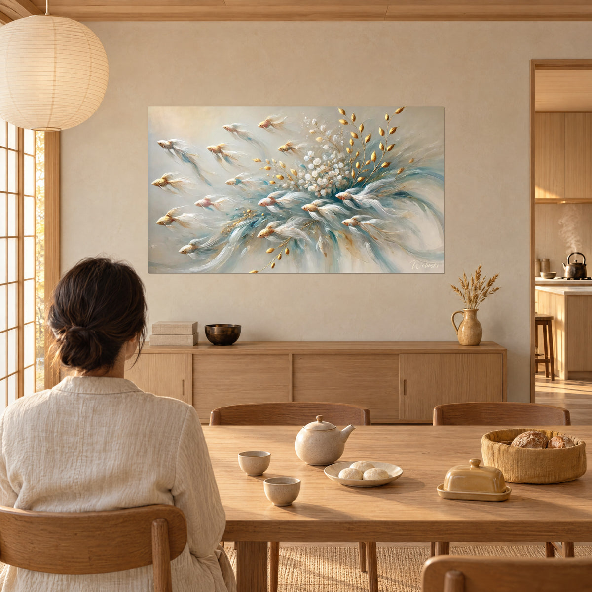 Cuadro ballet de pequeños peces ámbar sobre fondo beige, penachos azul celeste y toques de oro, mujer de espaldas sentada a una mesa de comedor en un rincón