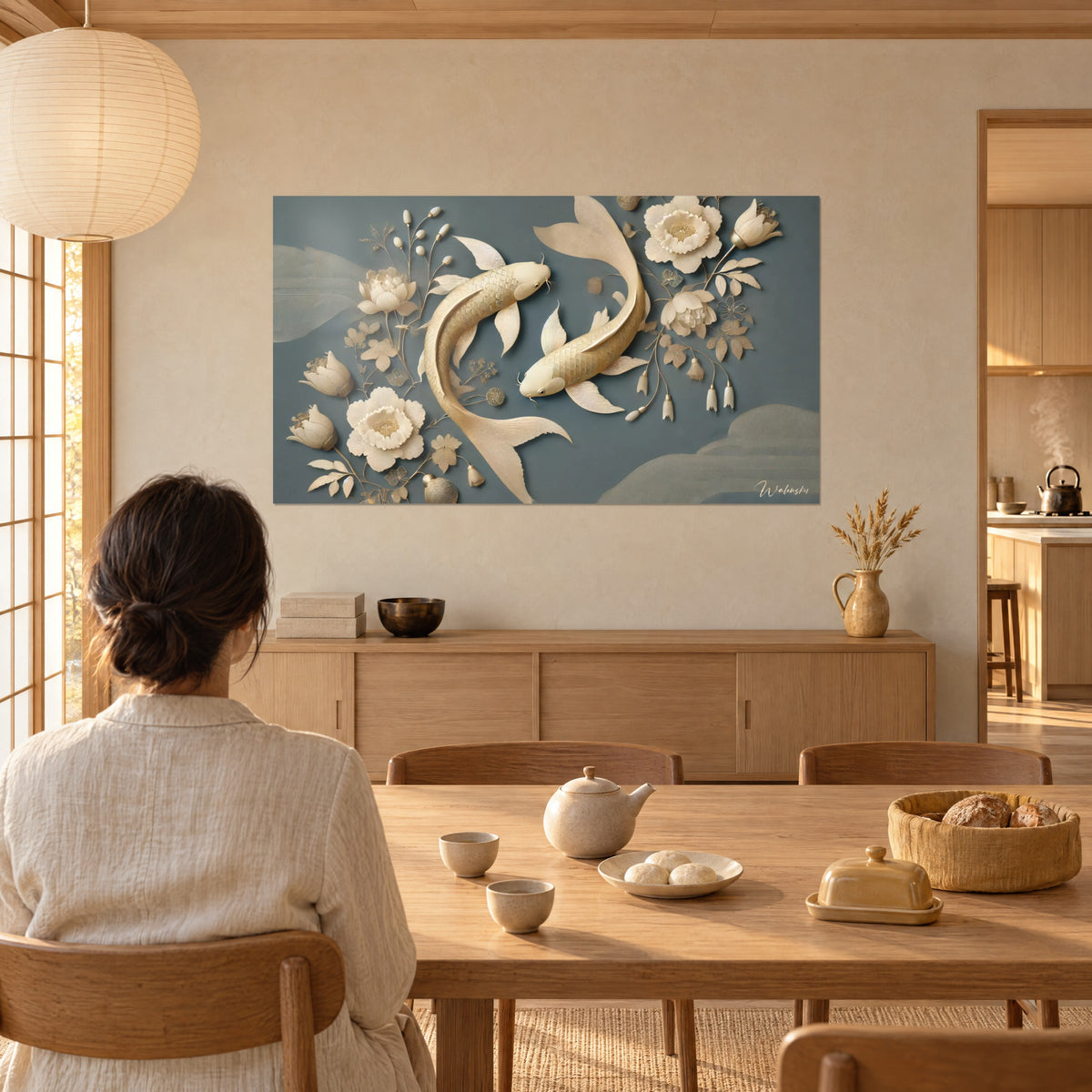 Quadro di balletto di carpe squamate beige dorato, peonie avorio su grigio-azzurro, donna di spalle al tavolo, sala da pranzo in stile japandi