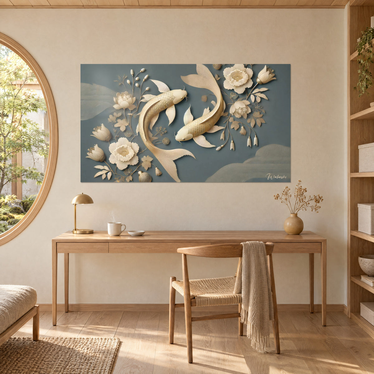 Quadro di coppia di koi dalle squame finemente cesellate, fiori crema in rilievo, sfondo grigio-azzurro, parete beige dietro una scrivania in legno chiaro