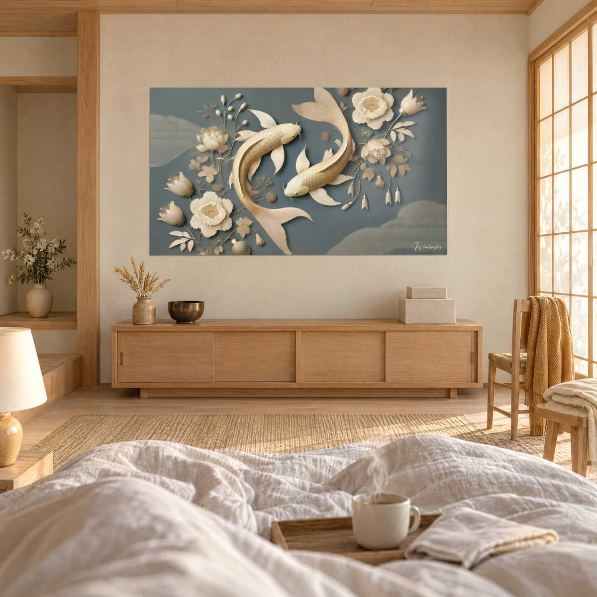 Quadro di pesci koi madreperlacei scolpiti su sfondo blu ardesia, fiori avorio e oro, sopra un letto in una camera luminosa