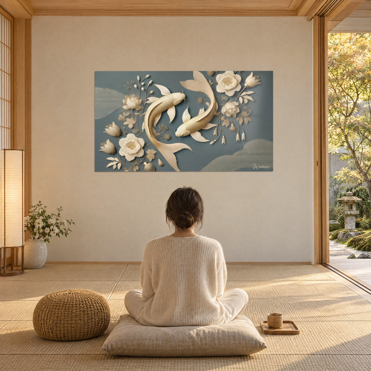 Quadro di carpe koi oro pallido in spirale, fiori avorio e fogliame dorato su blu ardesia, donna seduta su un cuscino di fronte al muro