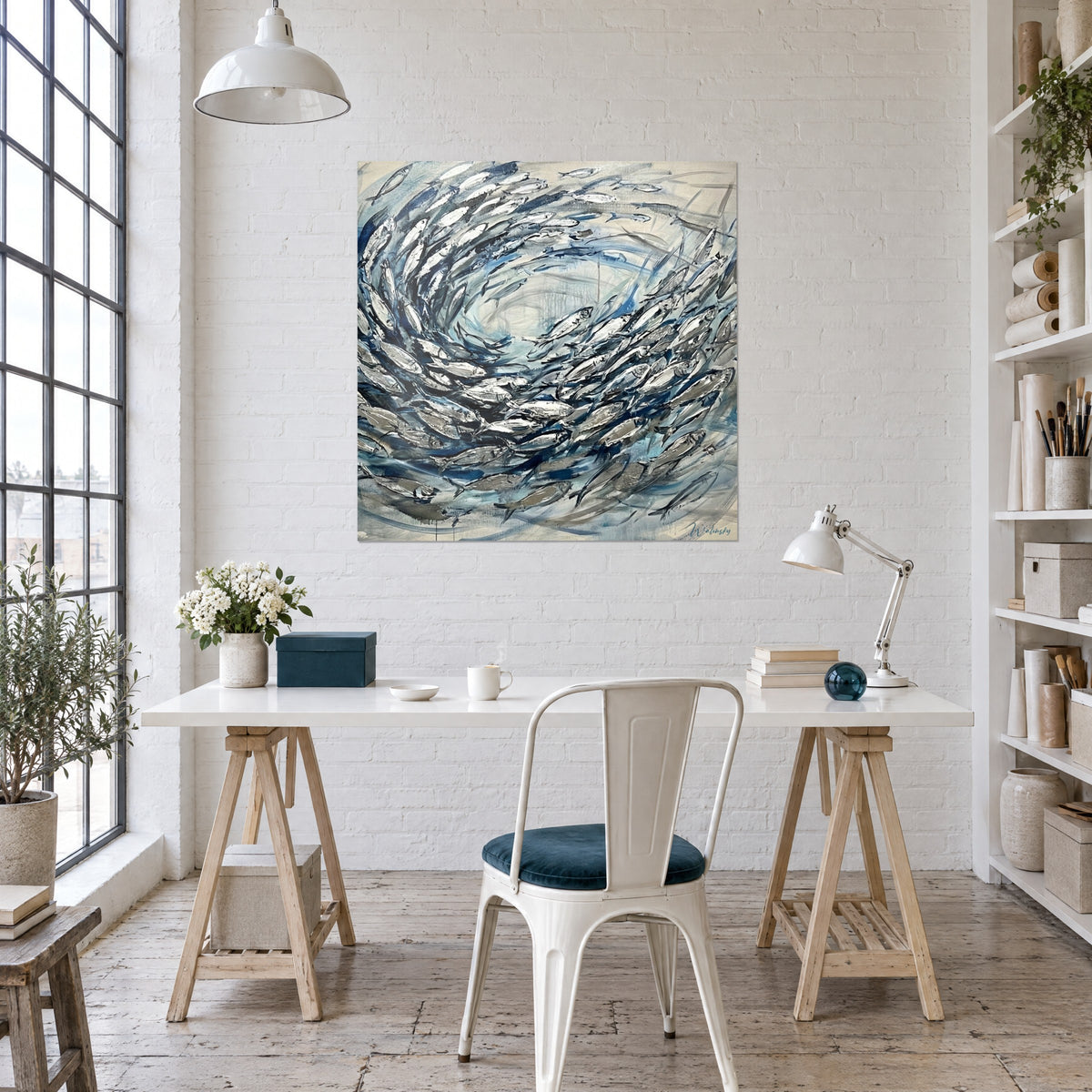 Tableau nuée de petits poissons nacrés sur fond bleu turquoise et écru, loft d'artiste, bureau sous verrière