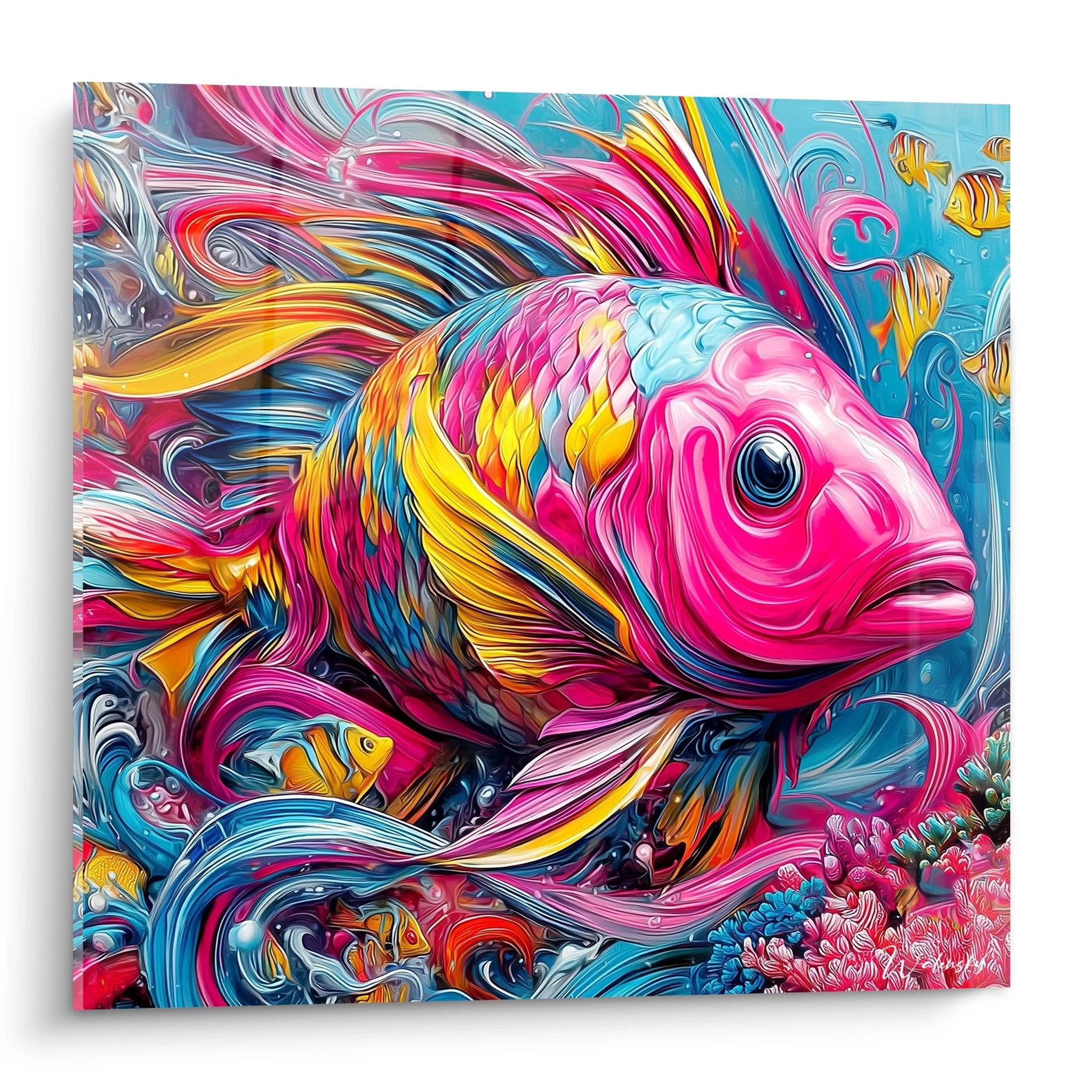 Tableau mural poisson coloré rose et jaune style moderne art aquatique fonds marins décoratif