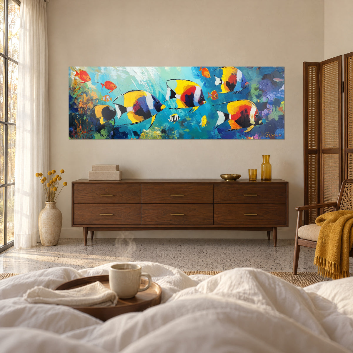 Gemälde Fest exotischer Fische in leuchtendem Orange und tiefem Blau, weißer Leinen-Staubwedel, über einem Bett in einem hellen Schlafzimmer aufgehängt