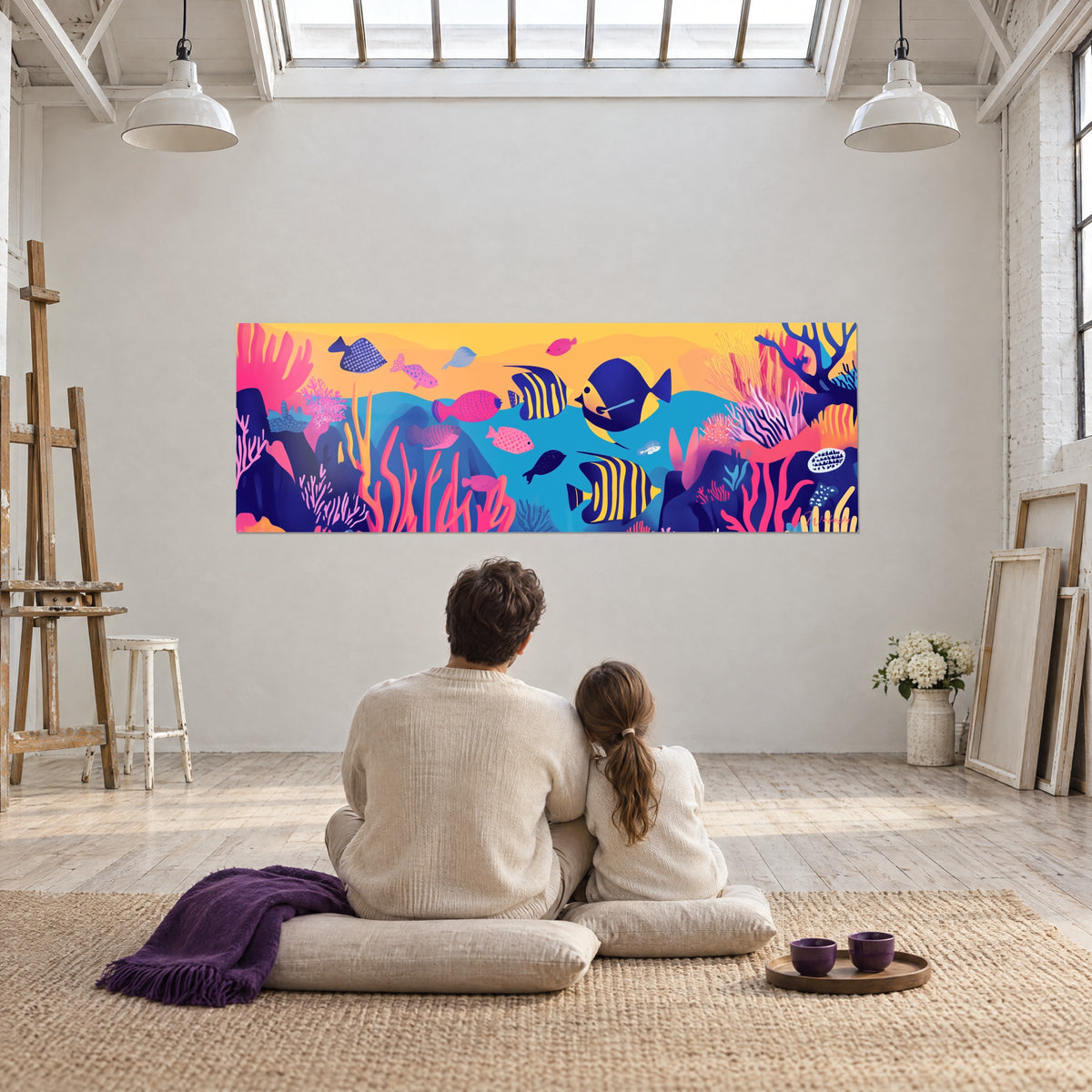Cuadro de un jardín de coral en planos de color vivos, peces amarillos e índigo sobre fondo naranja, contemplado por una pareja y su hija en un taller