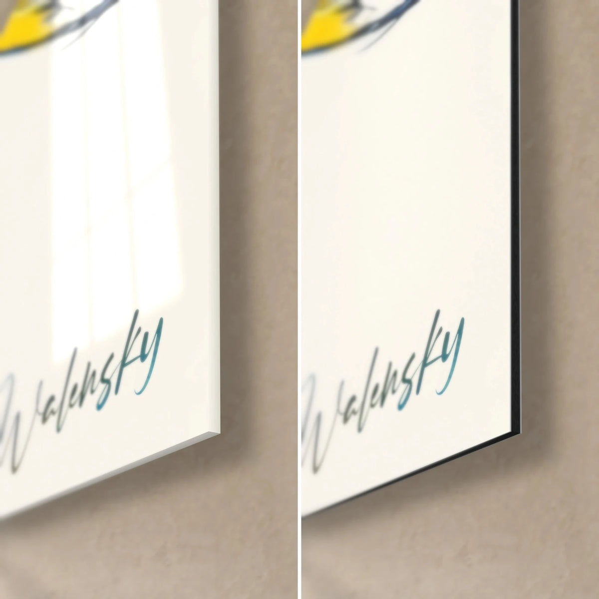 Quadro di tonno dorato, angolo in basso a destra: firma Walensky blu-verde, vetro acrilico lucido a sinistra, Dibond nero opaco a destra