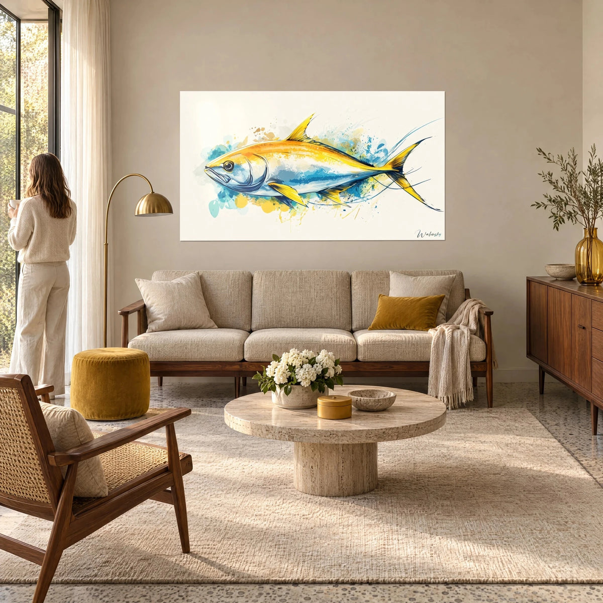 Quadro di tonno ad acquerello giallo zafferano e azzurro cielo, pinne affusolate su sfondo crema, sopra un divano in un soggiorno luminoso