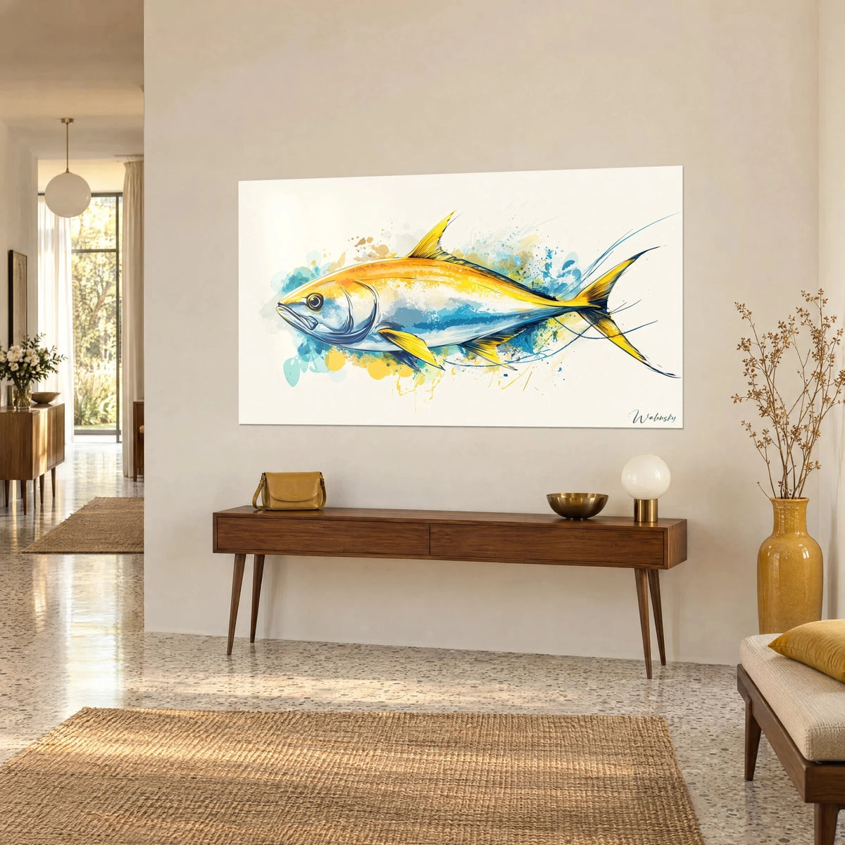 Quadro di pesce slanciato a inchiostro e acquerello, dorso dorato, ventre azzurro pallido, schizzi turchesi, su una parete beige di corridoio