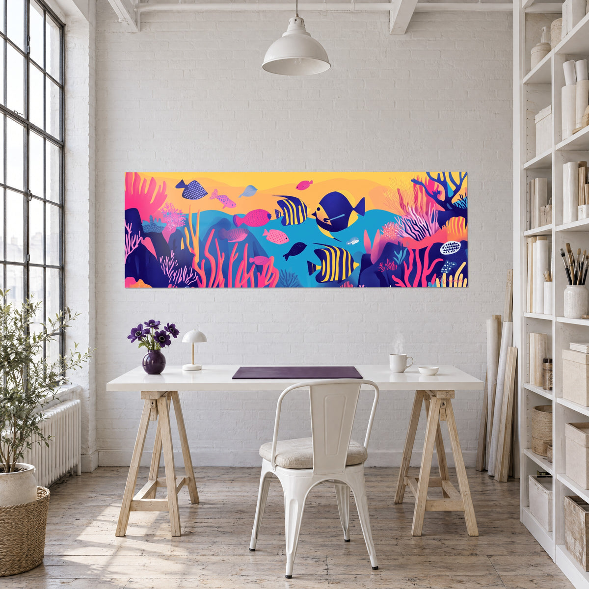 Cuadro de un fondo marino estilizado, pez ángel índigo, corales fucsia y agua azul, colgado encima de un escritorio blanco
