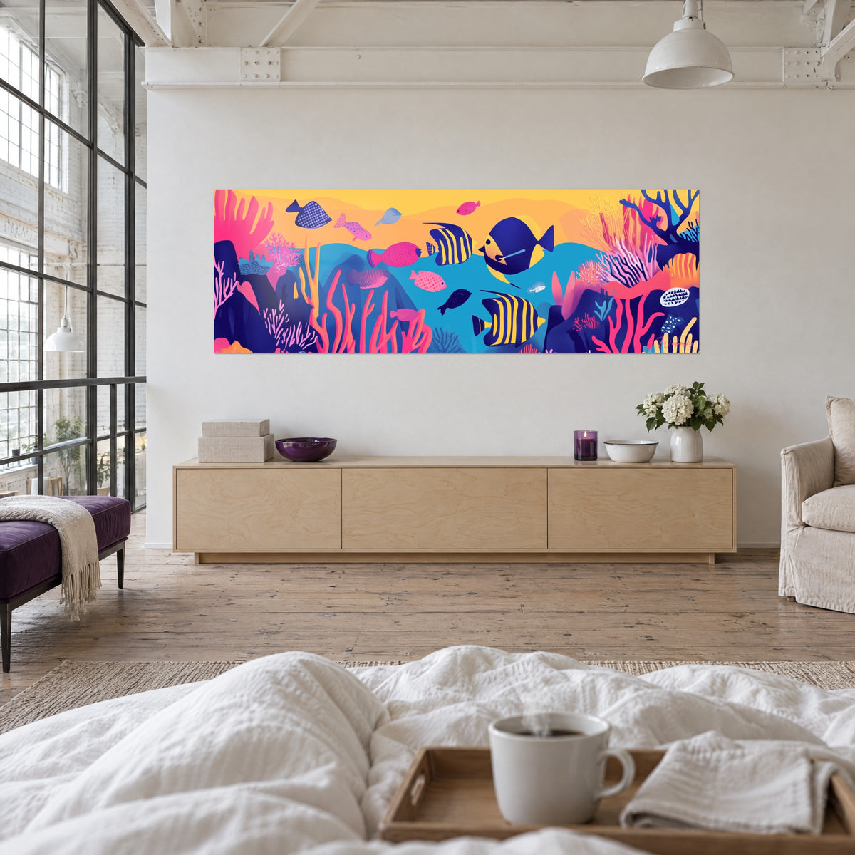 Cuadro de un banco de peces coloridos, agua turquesa y corales rosas, visto de espaldas encima de una cama en un dormitorio luminoso