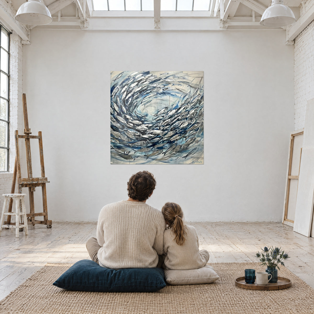 Tableau remous de poissons argentés, bleu profond et blanc crème, loft d'artiste aux murs de briques blanches
