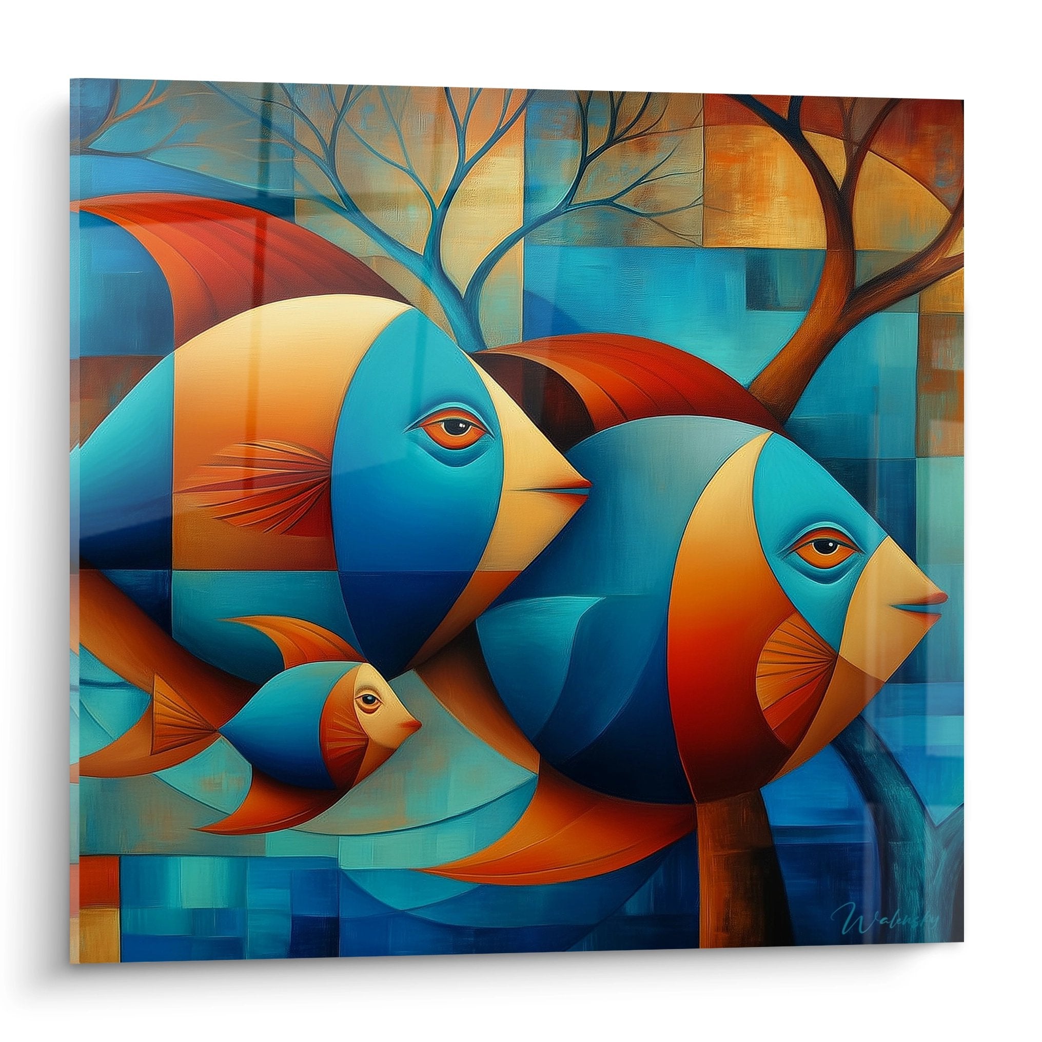 Tableau mural poissons cubistes colorés style géométrique moderne décoration intérieure contemporaine