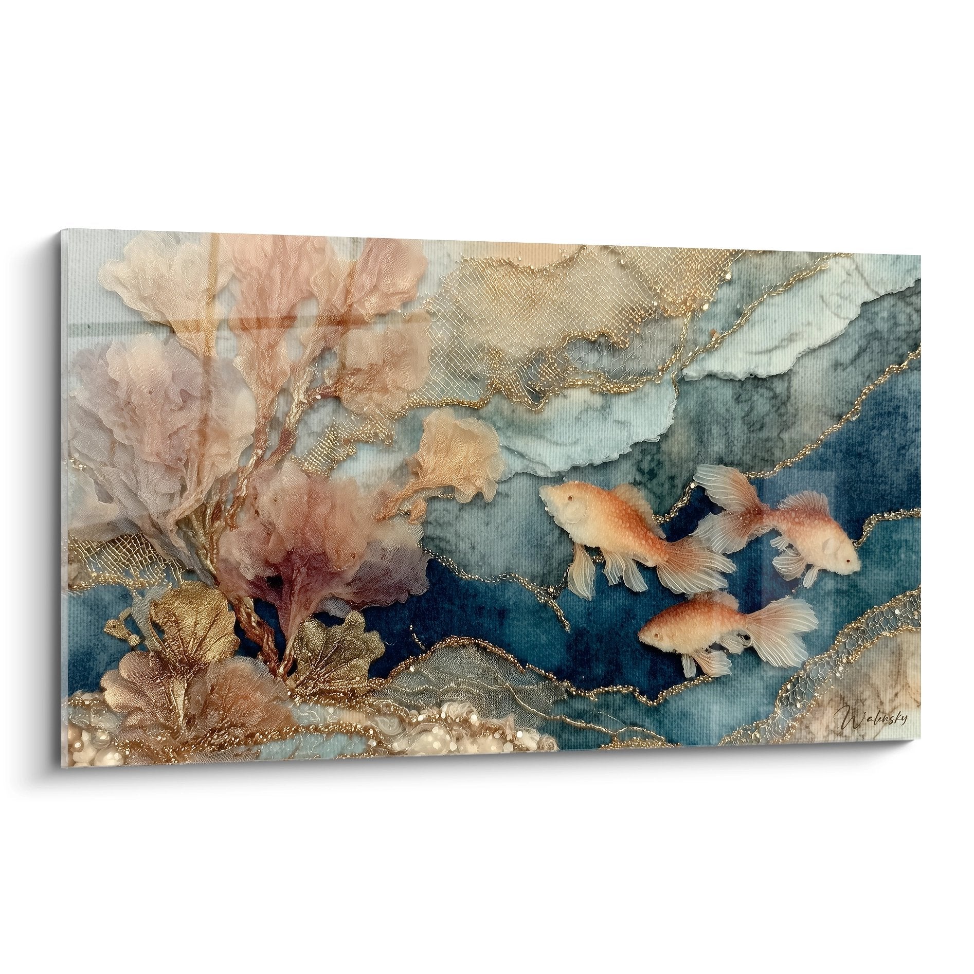 Tableau mural fonds marins avec poissons dorés et coraux roses sur fond bleu turquoise