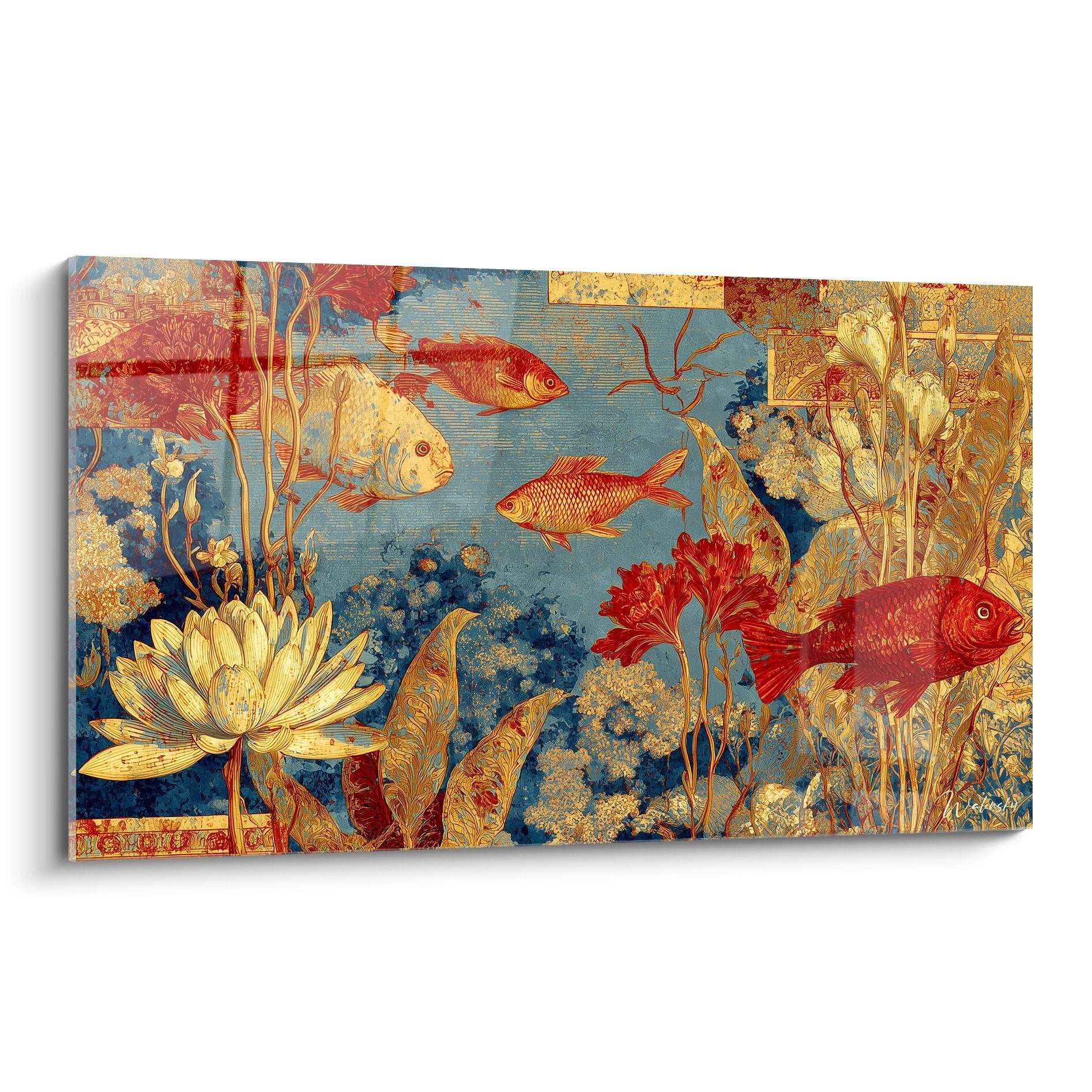 Tableau mural poissons dorés et lotus oriental aux tons dorés et bleus pour décoration aquatique
